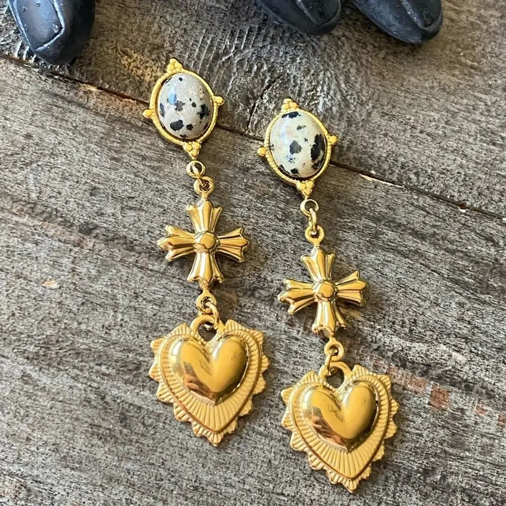 NEW Gold Cross Dalmatian Jasper Heart Dangle Earrings